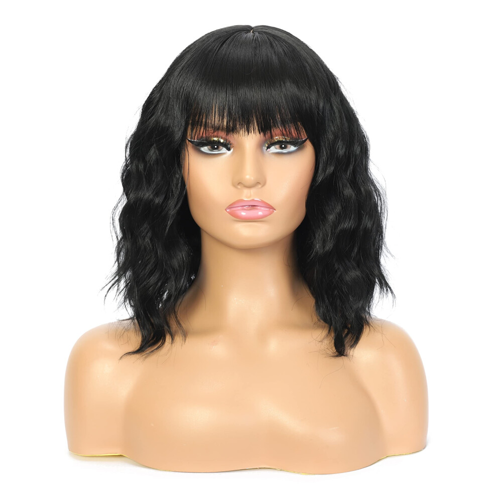 Unisex Black Bob Wig With Bangs Heat Resistant Shoulder Length Wavy Synthetic Wig For Women 14 Inch 1B