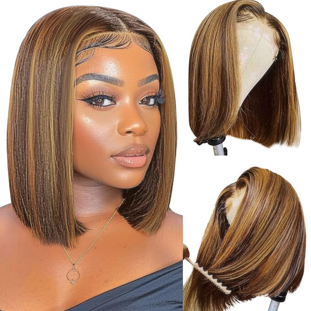 Unisex Human Hair Lace Front Wig Ombre Bob 13X4 Transparent Honey Blonde Highlight Glueless 12 Inch