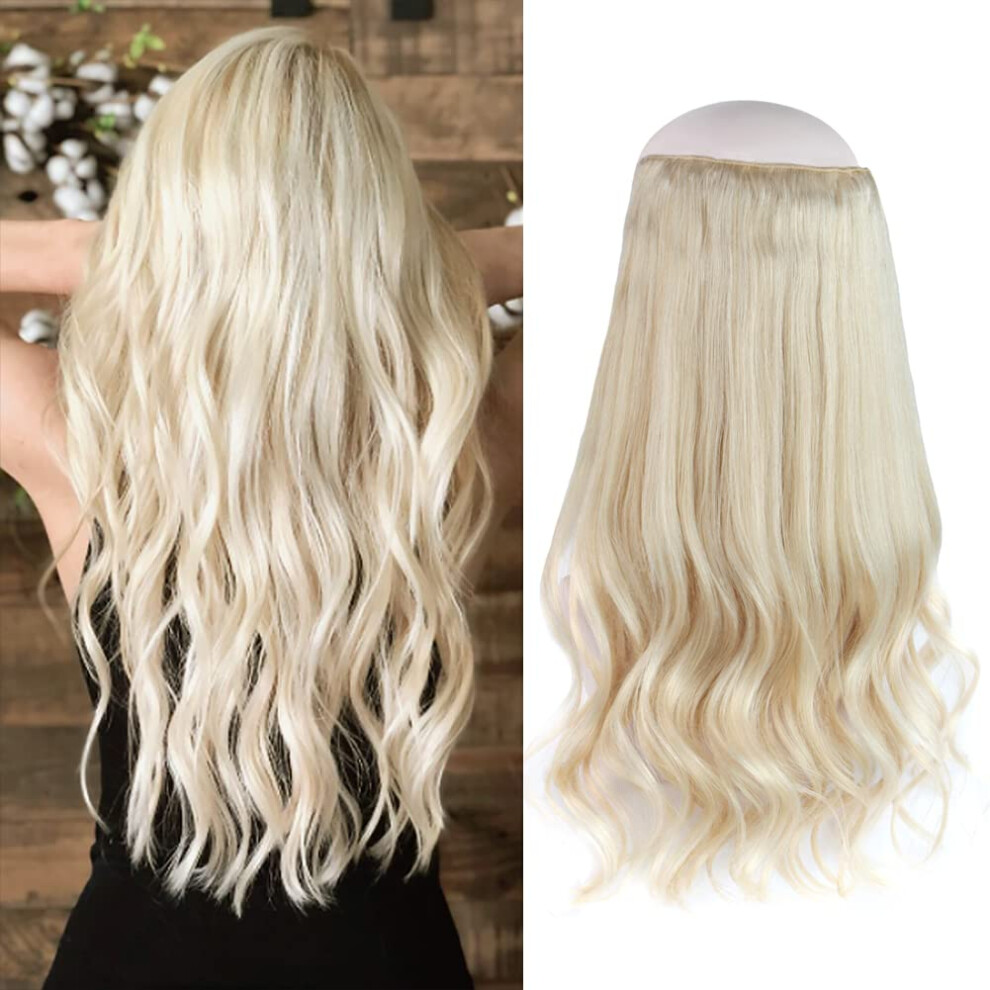 Unisex Halo Hair Extensions Human Hair 20 Inch Remy Bleach Blonde #613 Invisible Wire For Volume And Length