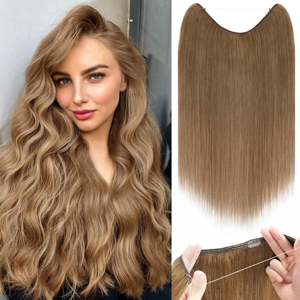 Unisex Brown Halo Hair Extensions 18 Inch Light Remy Human Hair With Invisible Wire For Instant Volume