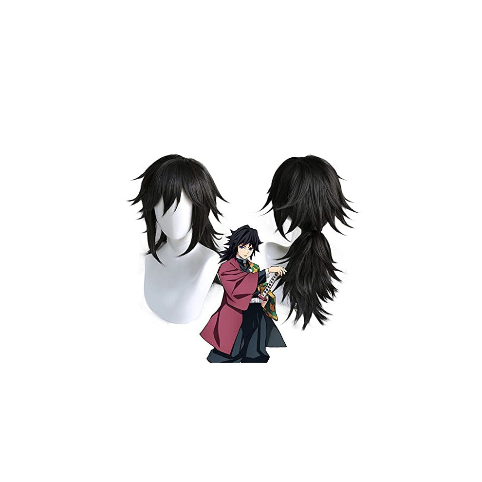 Unisex Black Ponytail Cosplay Wig Heat Resistant Synthetic Long Hair With Cap