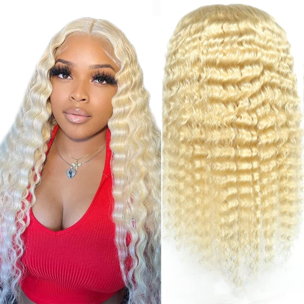 613 Blonde Deep Wave Lace Front Wig 4x4 Swiss Lace Closure Brazilian Virgin Hair 18 Inch