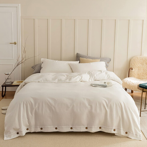 Duvet Cover Set with Button Closure, 4 Piece Solid White Bedding for All Seasons