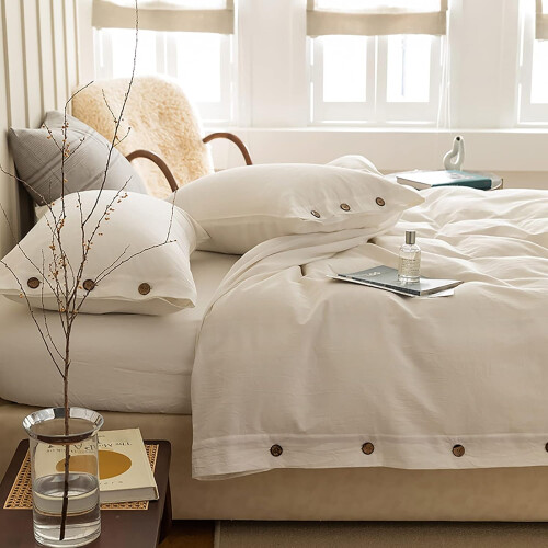 Duvet Cover Set with Button Closure, 4 Piece Solid White Bedding for All Seasons 2