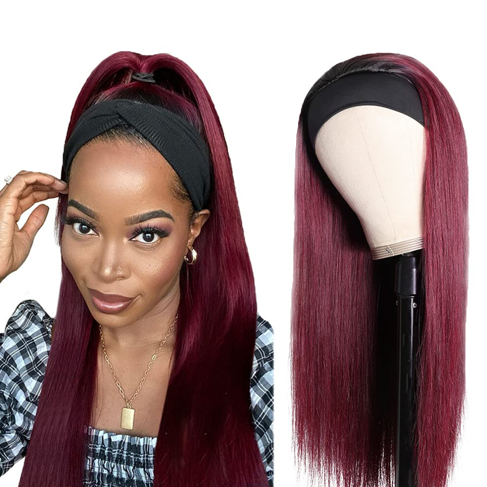 24 Inch Ombre Burgundy Headband Wig Human Hair Straight 1B 99J Glueless Elastic Ice Silk