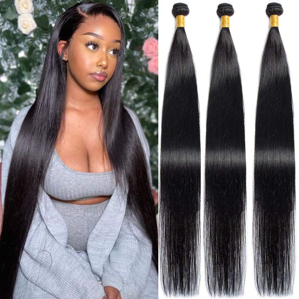Unisex Black Brazilian Straight Human Hair Bundles 3Pcs 36Â40 Inch 10A Virgin Unprocessed Weave Dyeable BleachâFriendly 1B