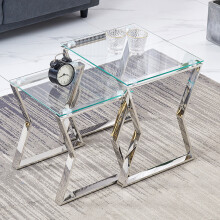 (Silver Leg+Clear Glass) Nested Coffee Table Set of 2, Stackable Side Tables