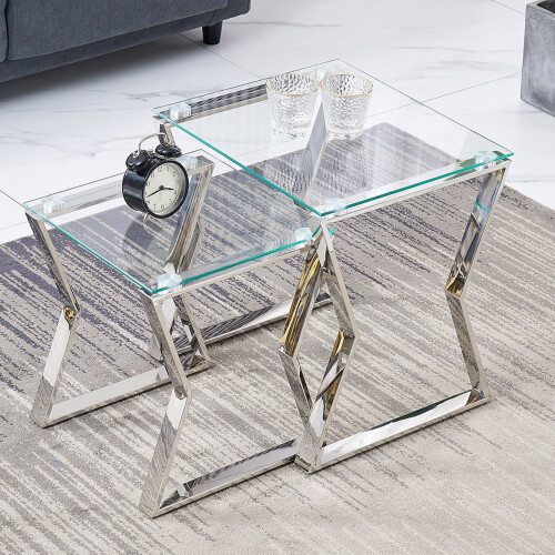 (Silver Leg+Clear Glass) Nested Coffee Table Set of 2, Stackable Side Tables
