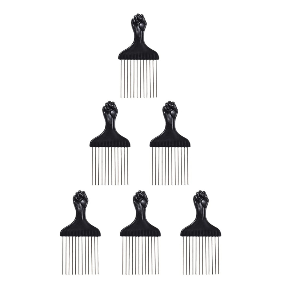 Unisex Black Afro Hair Pick Comb Set For Curly Hair, Wide Tooth Detangling Combs 6Pcs With Ergonomic Grip For Lift And Volume