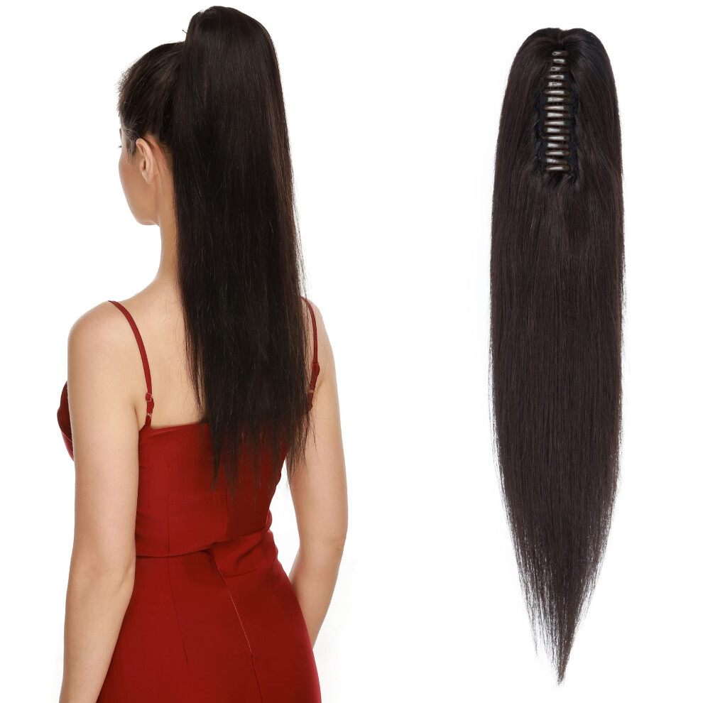 Unisex Black Human Hair Ponytail Extension With Secure Claw Clip, 20 Inch Straight Natural Remy Hair