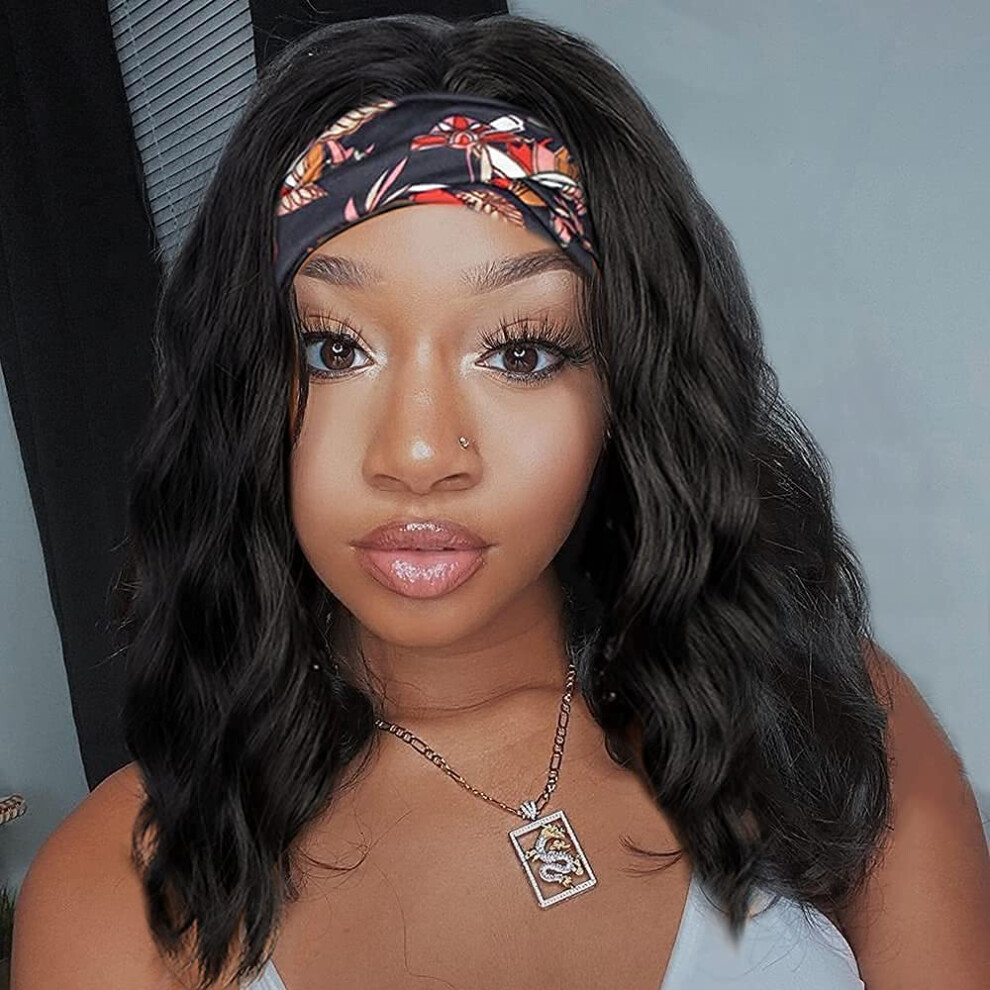 Unisex Black Short Wavy Bob Headband Wig Natural Synthetic 14 Inch Glueless Wear With Natural Hairline