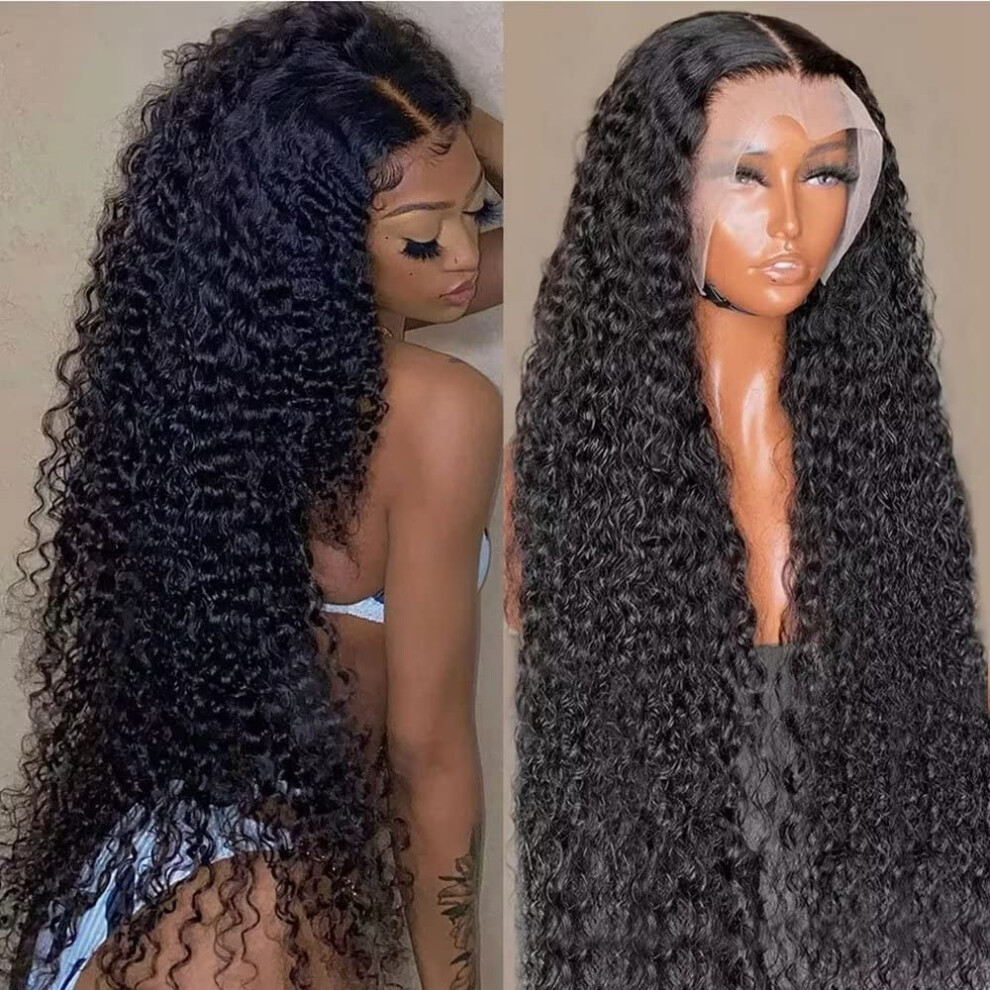 Unisex Black 13X4 Hd Transparent Lace Front Wig 32 Inch Kinky Curly Brazilian Virgin Human Hair Glueless For Women