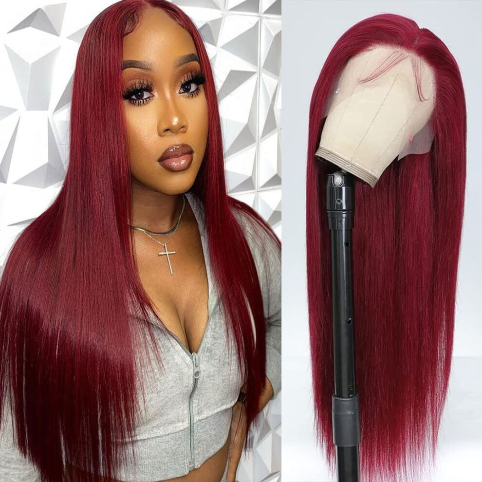 Unisex Red 99J Burgundy Lace Front Wig 16 Inch Human Hair Pre Plucked 13X4 Brazilian Remy With Bleached Knots