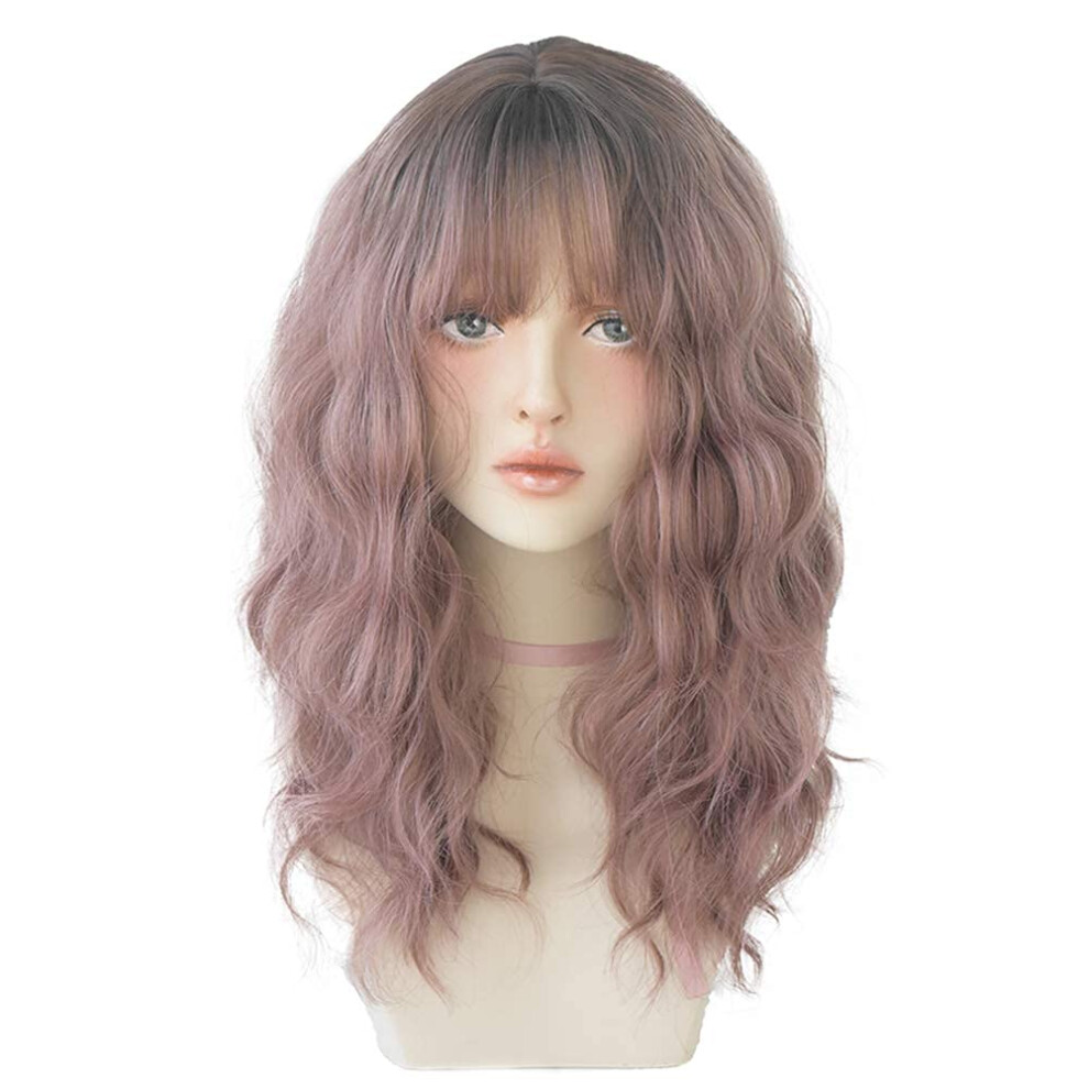 Unisex Brown Chic Korean Fashion 21 Inch Fluffy Curly Wavy Wig Bangs, Heatresistant Synthetic Hair (Rose )