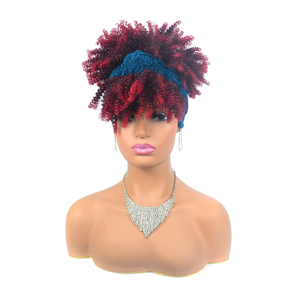 Unisex Black Short Kinky Curly Headband Wig For Women 2 In 1 Afro Turban Wrap With Bangs And Ponytail