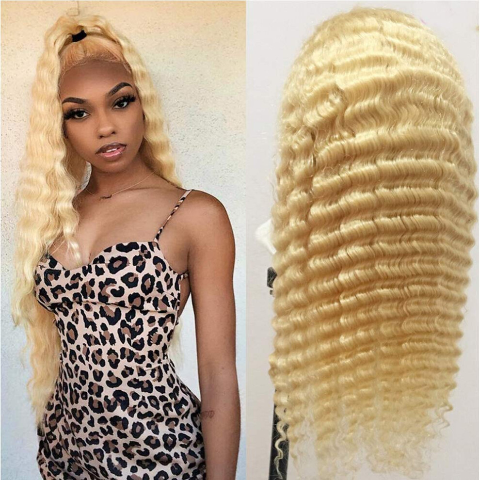 Unisex 613 Lace Front Wig Human Hair Deep Wave 24 Inch Glueless 13X4 Transparent Lace Preplucked Bleached Knots Remy Hair