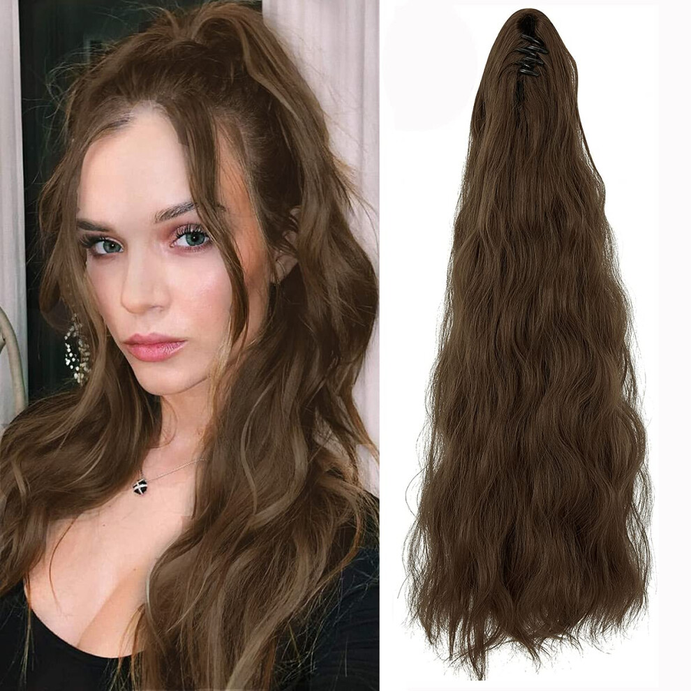 18 Inch Wavy Clip In Ponytail Extension Light Chestnut Brown Synthetic Hairpiece with Jaw Claw