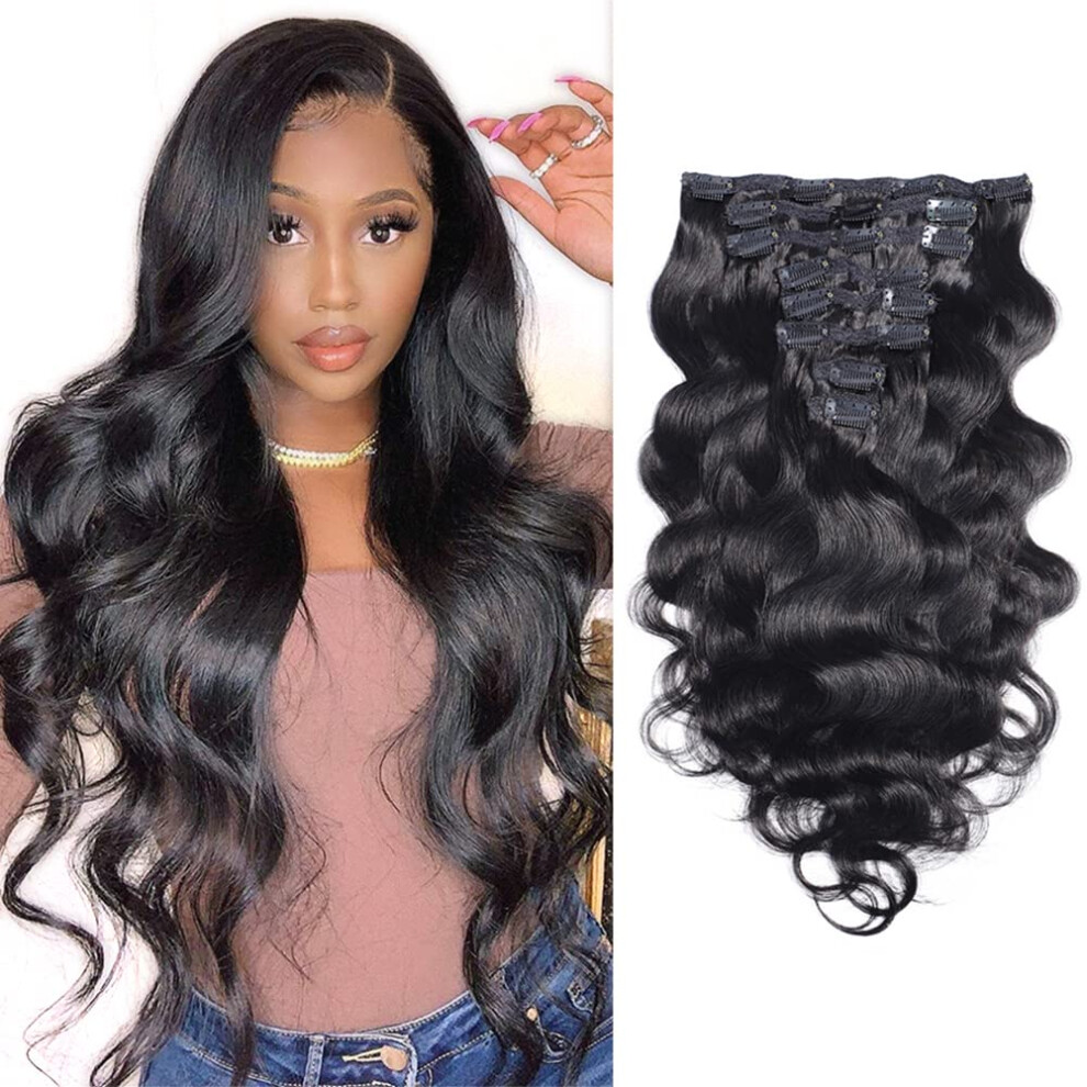 Unisex Black Human Hair Clip In Extensions 24 Inch Brazilian Body Wave Remy Hair For Thin Hair Full Volume Boost Natural