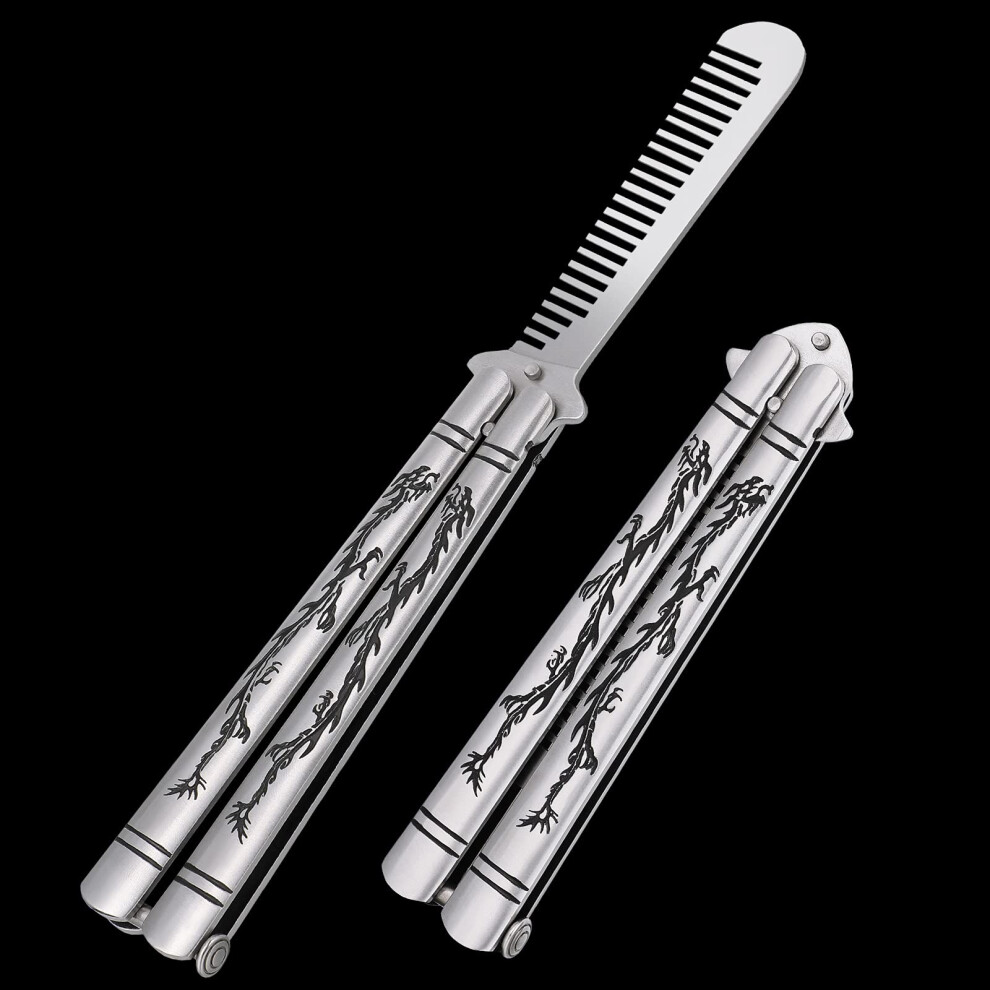 Butterfly Comb Balisong Trainer with Dragon Totem, Folding Stainless Steel for Beginner Practice