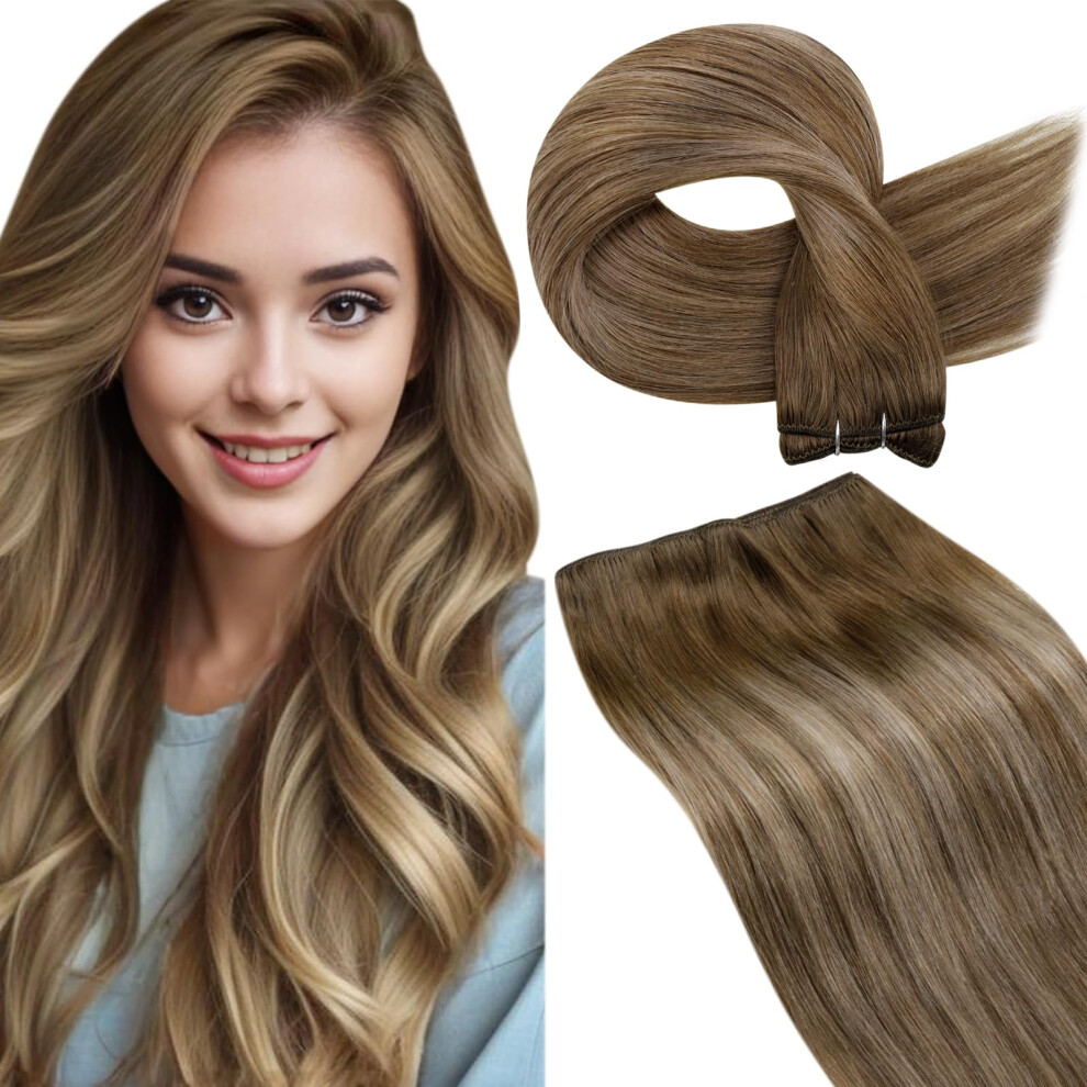 Unisex Brown Human Hair Extensions Balayage Double Weft Sew In 12 Inch Light To Blonde 80G