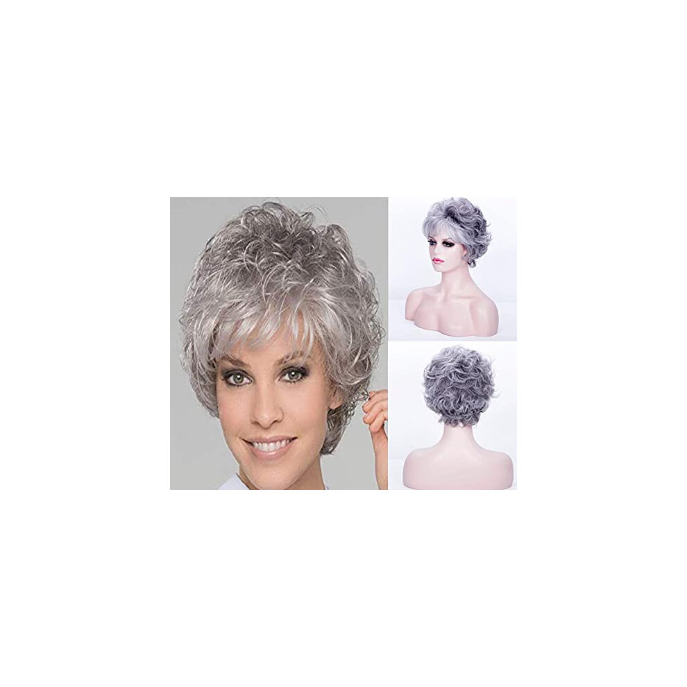 Silver Grey Short Curly Wig with Bangs, Pixie Cut Synthetic Heat Resistant Wig for Women