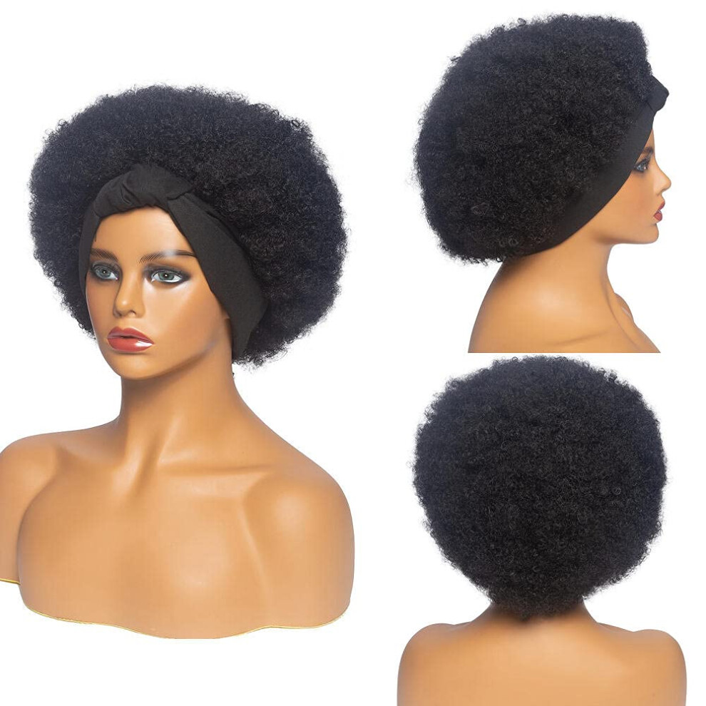 Unisex Black Short Afro Headband Wig For Women 7 Inch Human Hair Natural Hairline Lightweight Easy Care