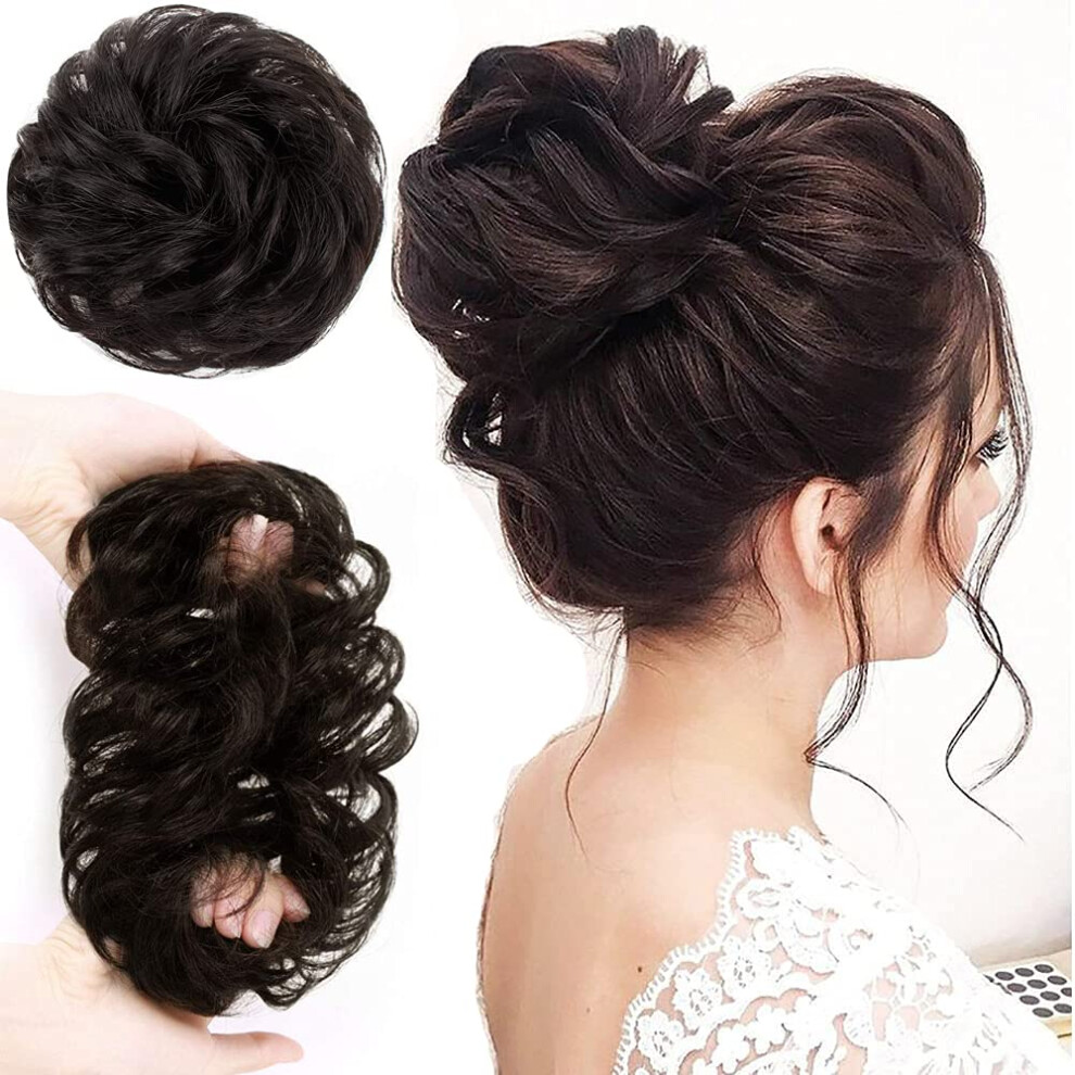 100% Remy Human Hair Bun Extension with Natural Curly Texture, Dark Brown Messy Updo Hairpiece