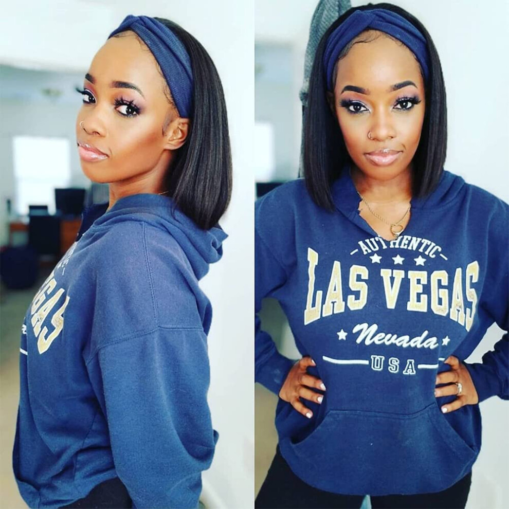 Unisex Black Higyther Short Bob Headband Wig Human Hair For Women Glueless Brazilian Virgin 150 Density Straight Style 12 Inch