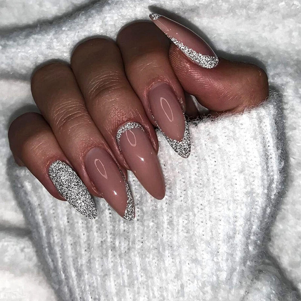Brown Medium Almond Press On Nails Glitter French Tip Reusable Acrylic False Nails With Glue