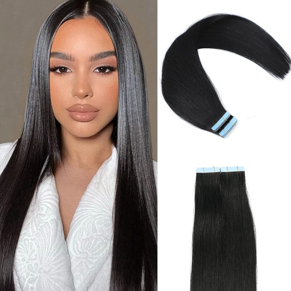Unisex Black Tape In Hair Extensions 20 Inch Jet 100% Brazilian Virgin Remy Human Hair Seamless Skin Weft