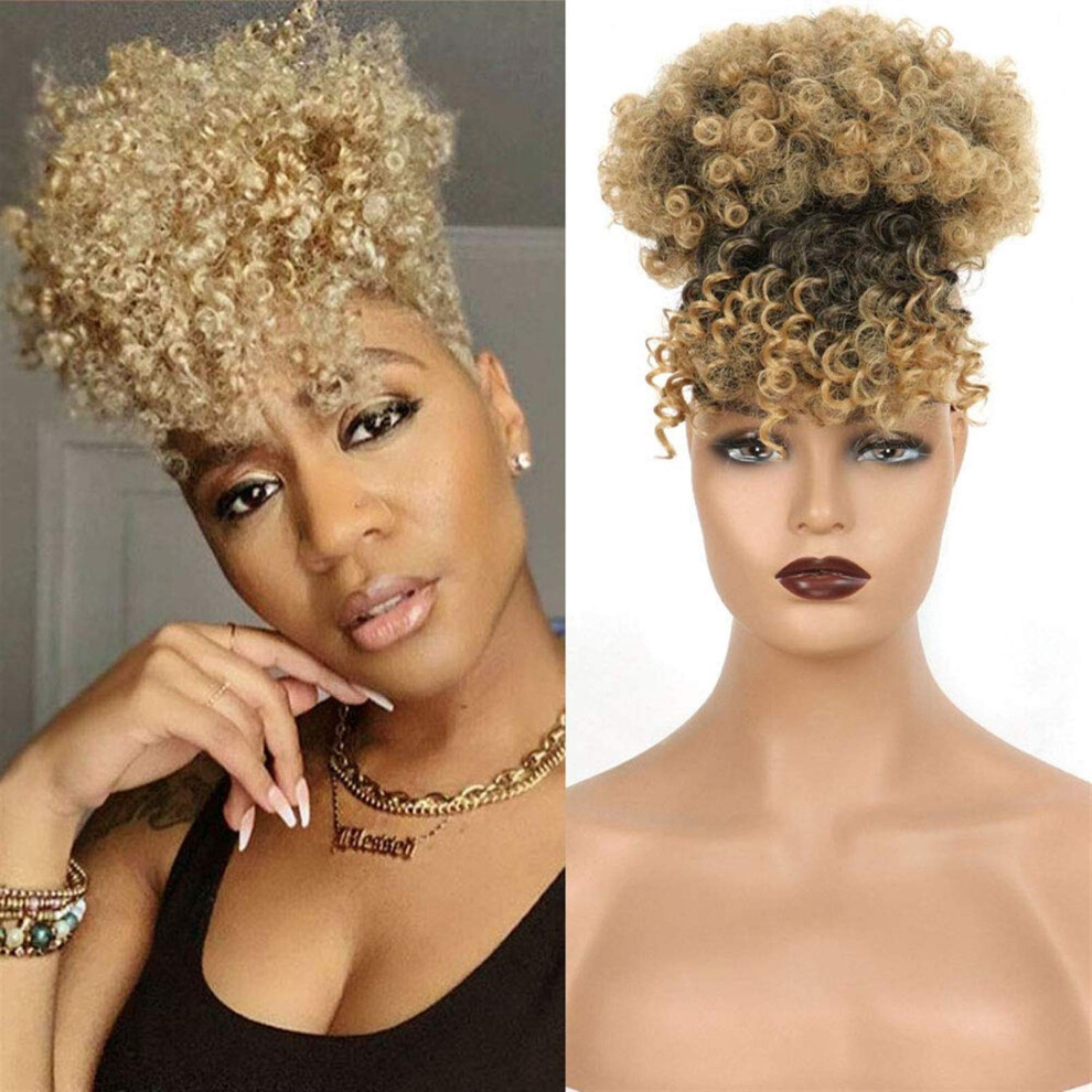 Unisex Black Afro Puff Ponytail With Bangs Synthetic Kinky Curly Hairpiece For Women Quick Styling Secure Fit