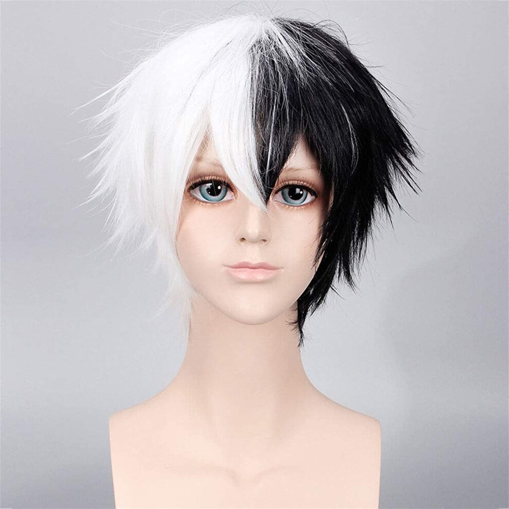 Unisex White,Black Black And White Short Cosplay Wig With Bangs, Twotone Synthetic Layered Hair For Women