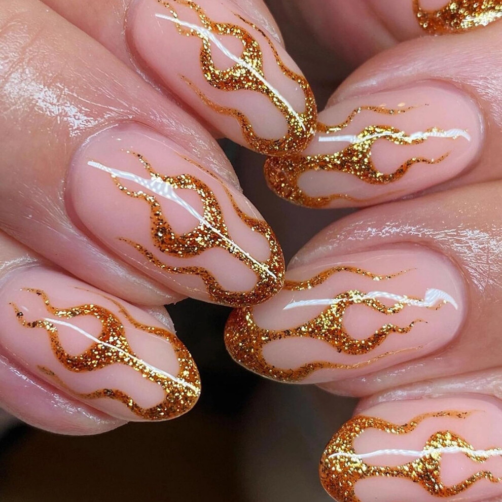Pink,Cream,Gold Medium Almond Press On Nails Nude Pink Gold Glitter Fake Nails Salonstyle Finish 24Pcs