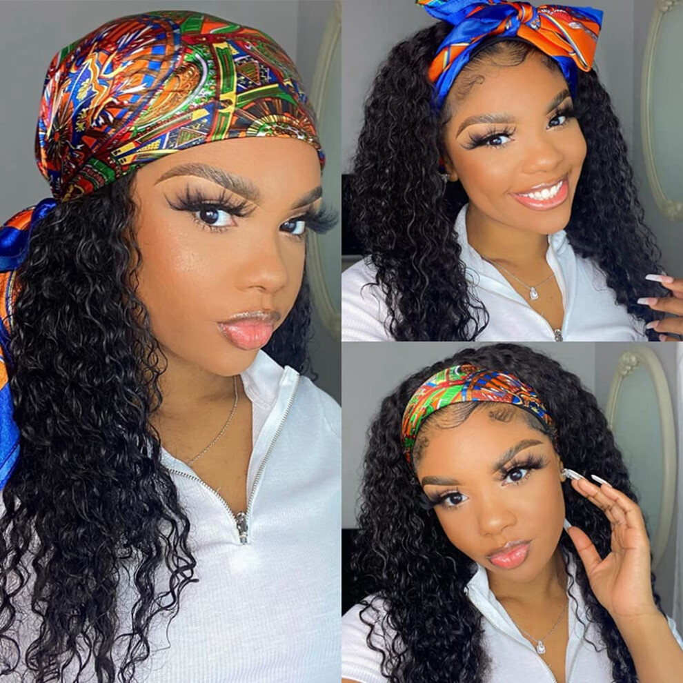 Unisex Black Human Hair Headband Wig 10 Inch Brazilian Kinky Curly Glueless Natural Hairline For Women