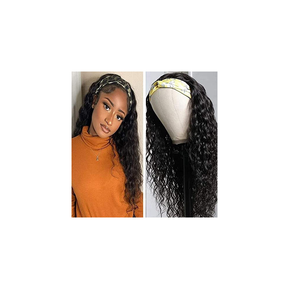 Unisex Black Water Wave Headband Wig Human Hair Glueless Brazilian Virgin Wig For Women Natural Color