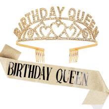 Gold Birthday Tiara and Glitter Sash Set with Rhinestone Crown and 16 Pink Velvet Scrunchies