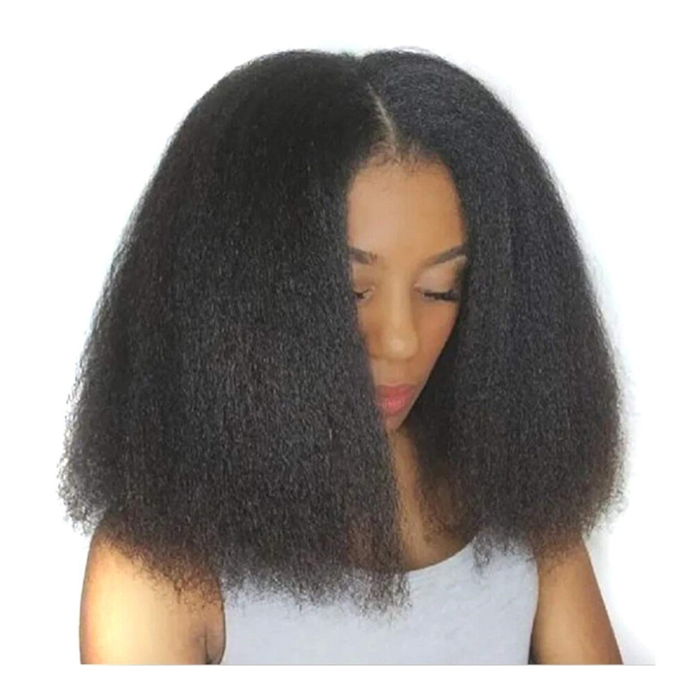 Unisex 14 Inch Afro Kinky Straight Bob Wig Glueless Heat Resistant Synthetic Lace Front Wig For Women