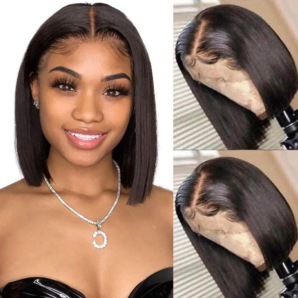 12 Inch Straight Bob Wig Human Hair Lace Front, Brazilian Pre Plucked 150% Density Natural Hairline
