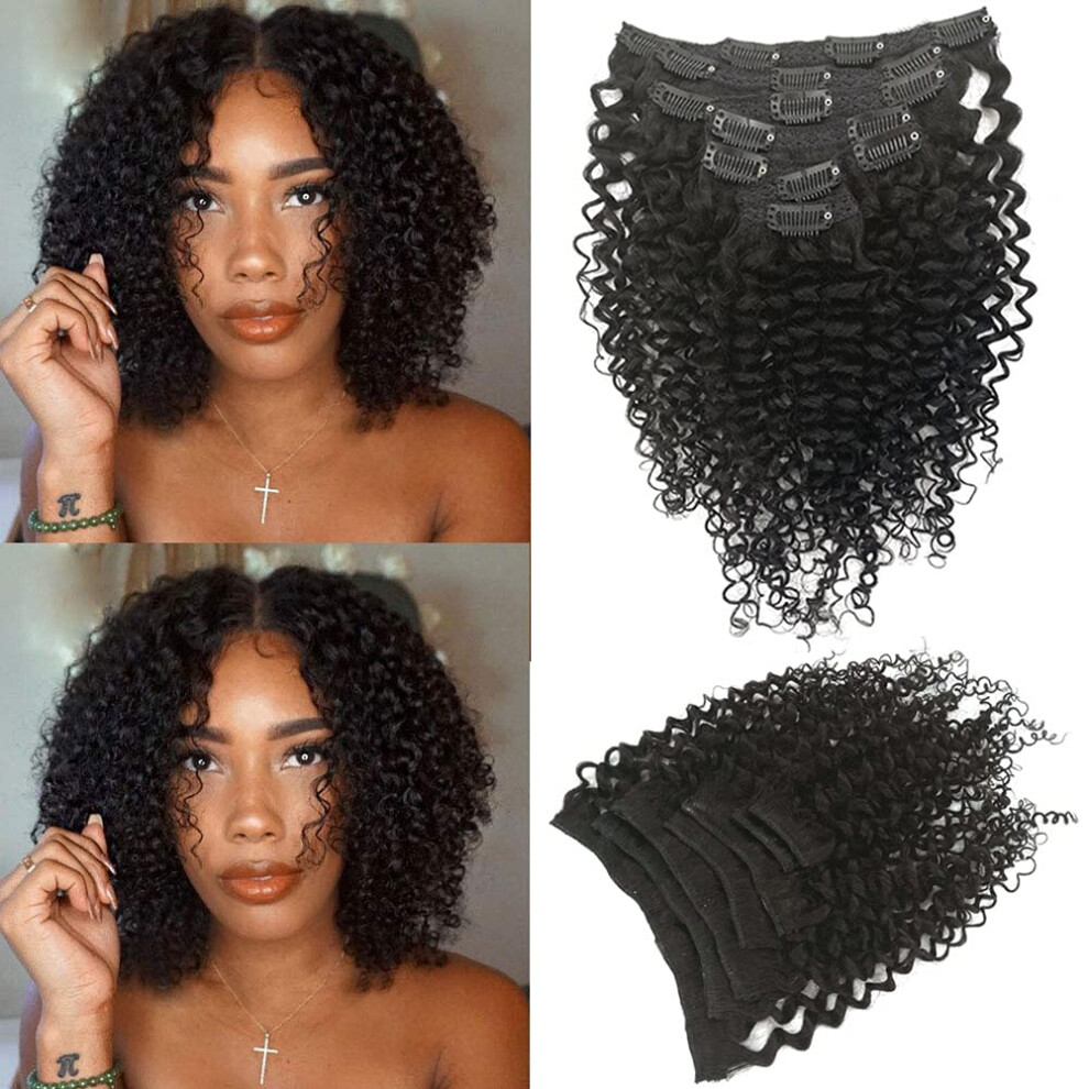 Unisex Black Kinky Curly Clip In Human Hair Extensions For Women 3C 4A Brazilian Remy 14 Inch 7Pcs