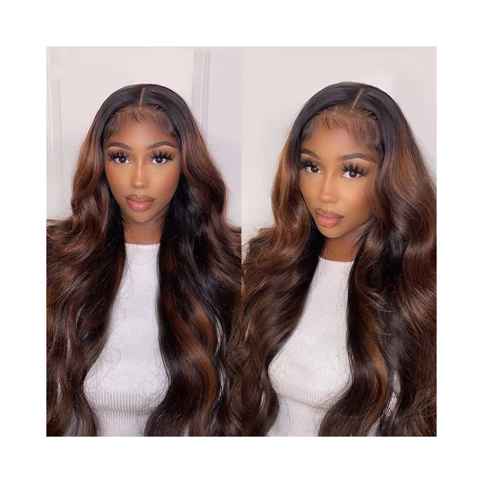 Unisex Human Hair Lace Front Wig 13X6 Hd Transparent Brazilian Body Wave Ombre Highlight 1B/30 180% Density Glueless 28Inch