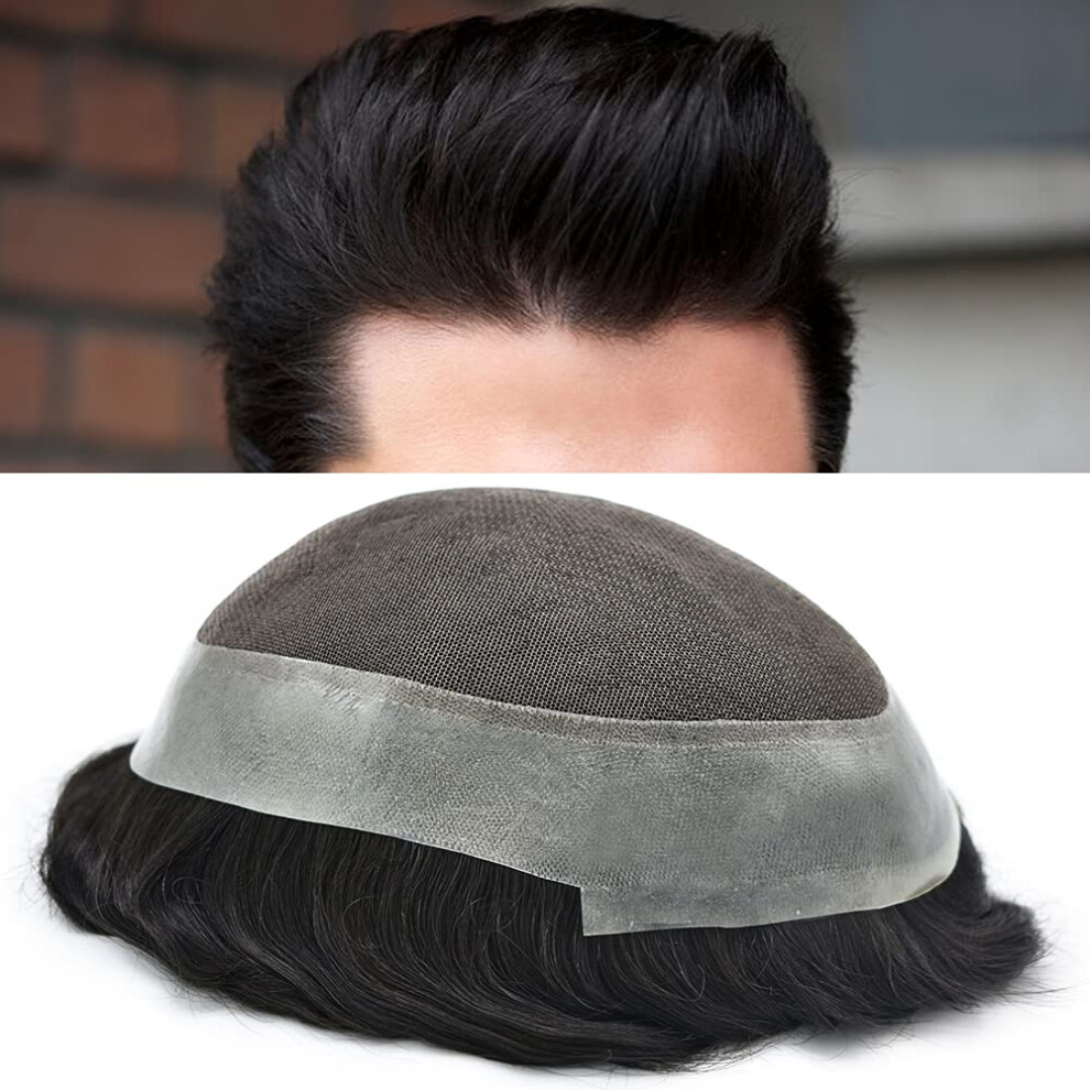 Unisex Black Men's Toupee Human Hair Hairpiece, 8X10 French Lace With Poly Skin, 120% Density Natural Hairline, Off 1B#
