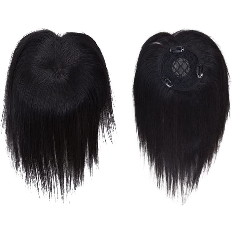 Unisex Black Human Hair Topper With Bangs Clip In Fringe Hairpiece For Women With Thinning Hair