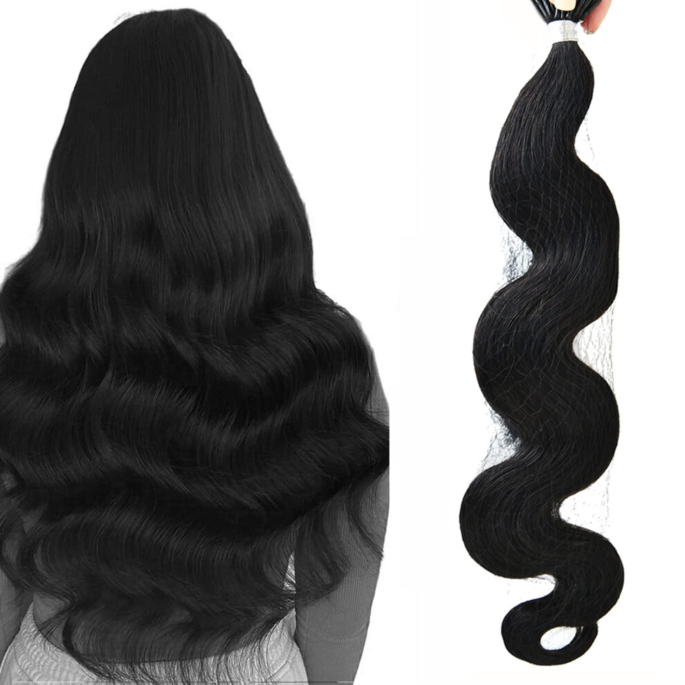 Unisex Black 24 Inch Wavy Human Hair Extensions I Tip 1B Off Keratin Bond For Instant Length And Volume