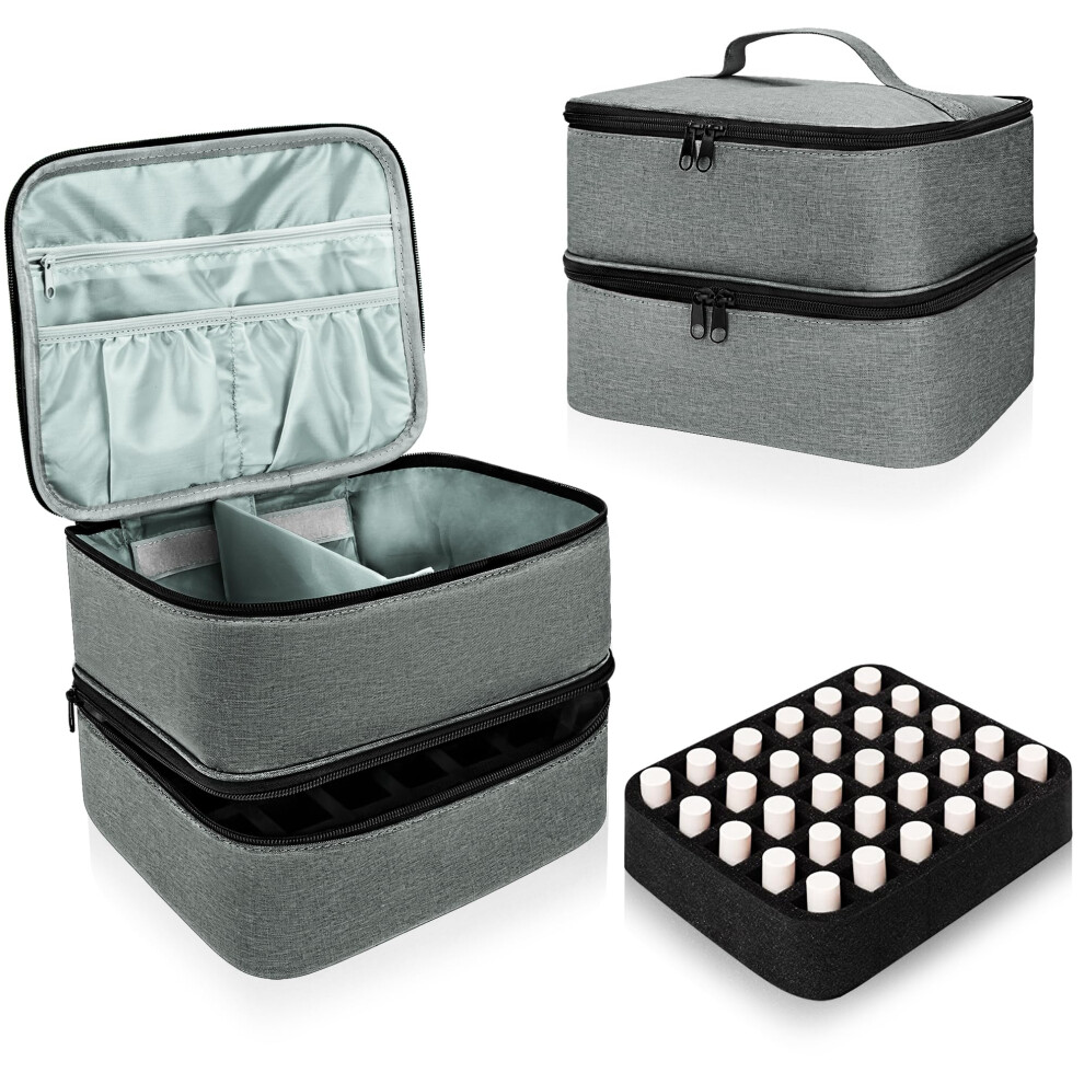 Grey Double Layer Nail Polish Organizer Case Holds 30 Bottles, Large Storage Bag With Removable Foam Divider,