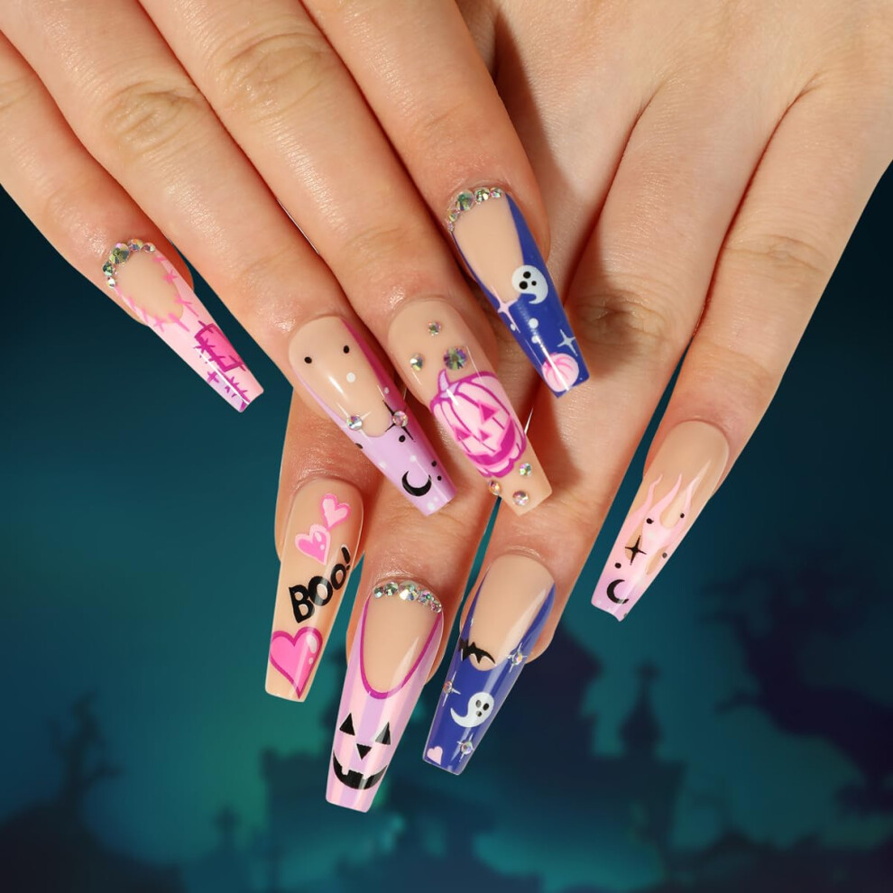 Halloween Press On Nails Set for Women Long Coffin Acrylic Fake Nails with Rhinestones Reusable Design