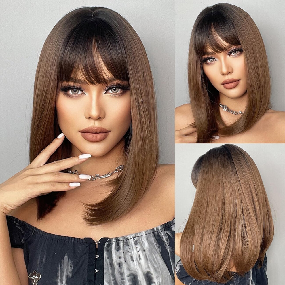 Unisex Black,Brown Bob Ombre Black Brown Wig With Bangs Natural Short Straight Wigs For Women Shoulder Length Synthetic Wigs For Daily Cosplay Ref: 6336