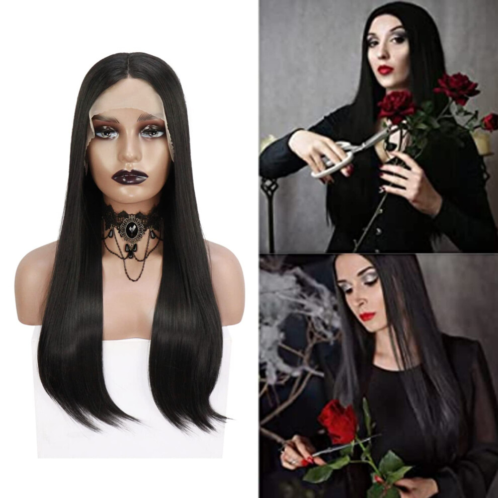 Unisex Black 26 Inch Lace Front Wig Synthetic Heat Resistant Glueless Middle Part Natural Hairline