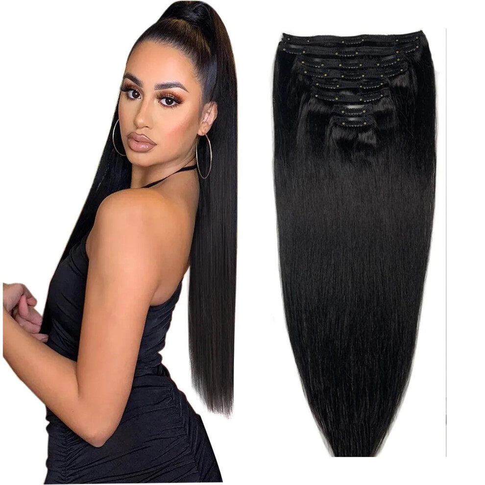 Unisex Black 24 Inch Natural Clip In Human Hair Extensions Remy Straight Real Hair For Women