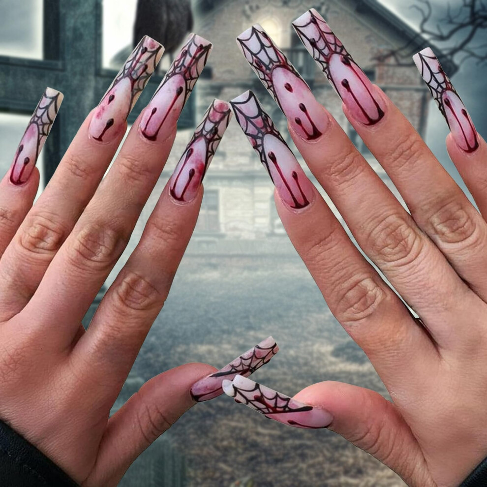 Halloween Press on Nails Set Long Coffin Fake Nails Bloody Spider Web Design Acrylic Nails for Women 24Pcs