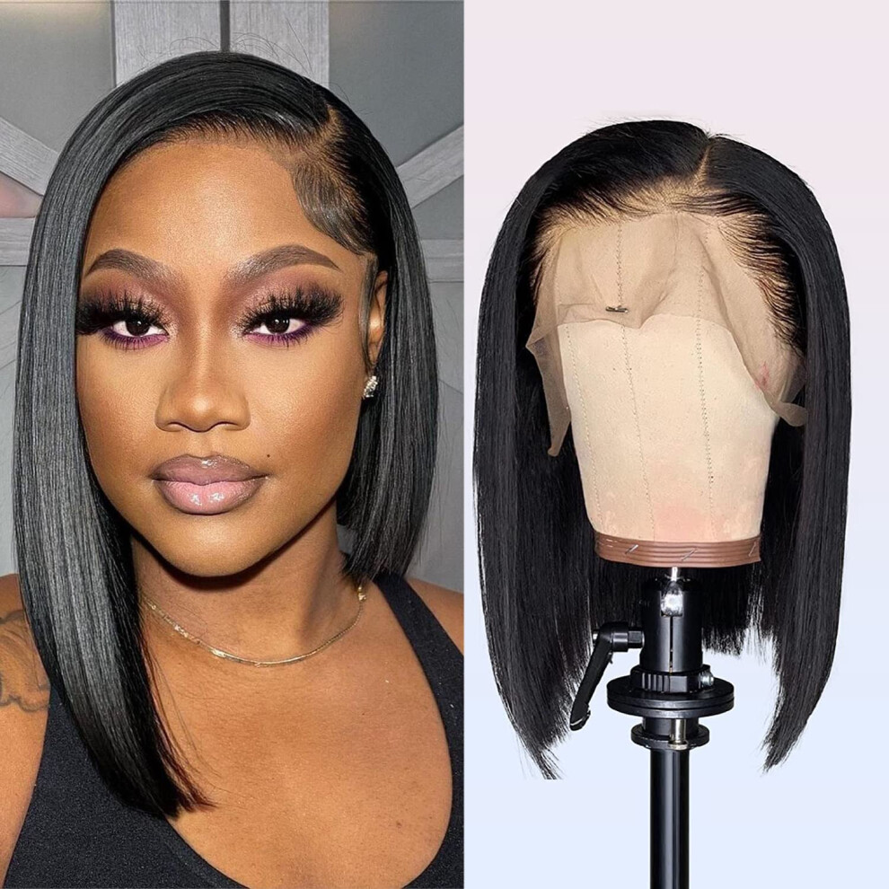 Unisex 13X6 Lace Front Human Hair Bob Wig Brazilian Straight Pre Plucked Bleached Knots Natural Hairline 12Inch